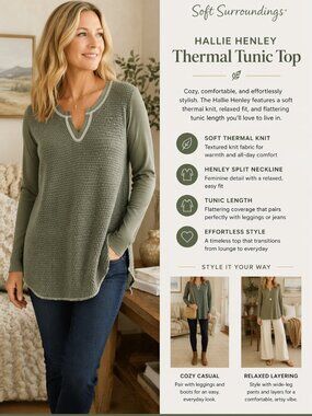 Soft Surroundings Hallie Henley Top Green Thermal Tunic SZM Knit Casual